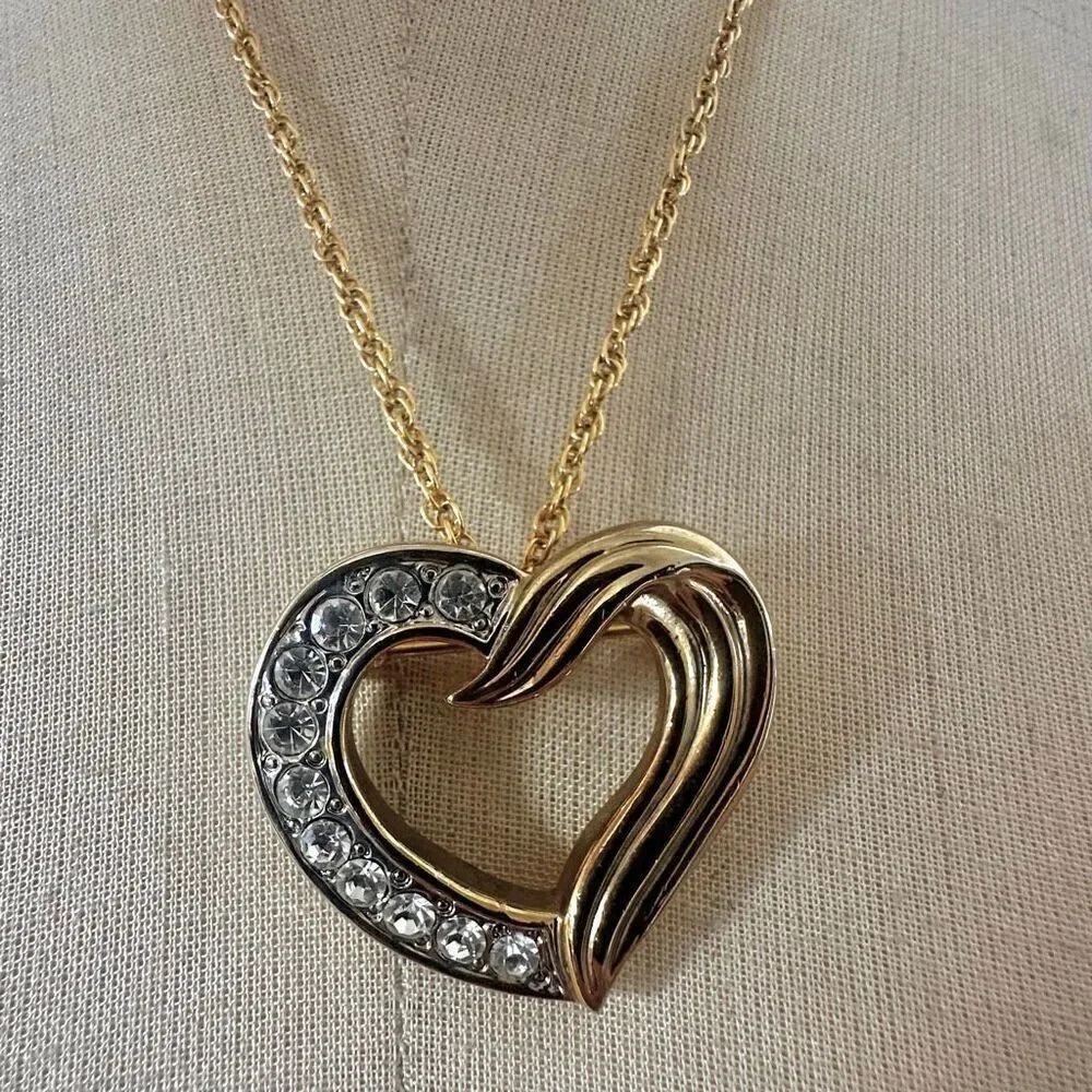 Gold-Tone Crystal Heart Pendant Brooch – Convertible Necklace/Pin